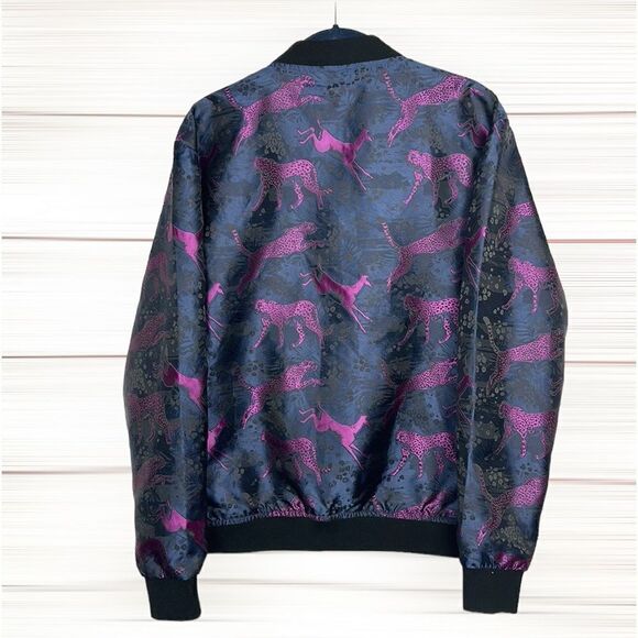 BERTIGO lan Animal Impala & Cheetah Jacquard  Bomber Jacket Navy Blue / Purple S - Picture 10 of 15